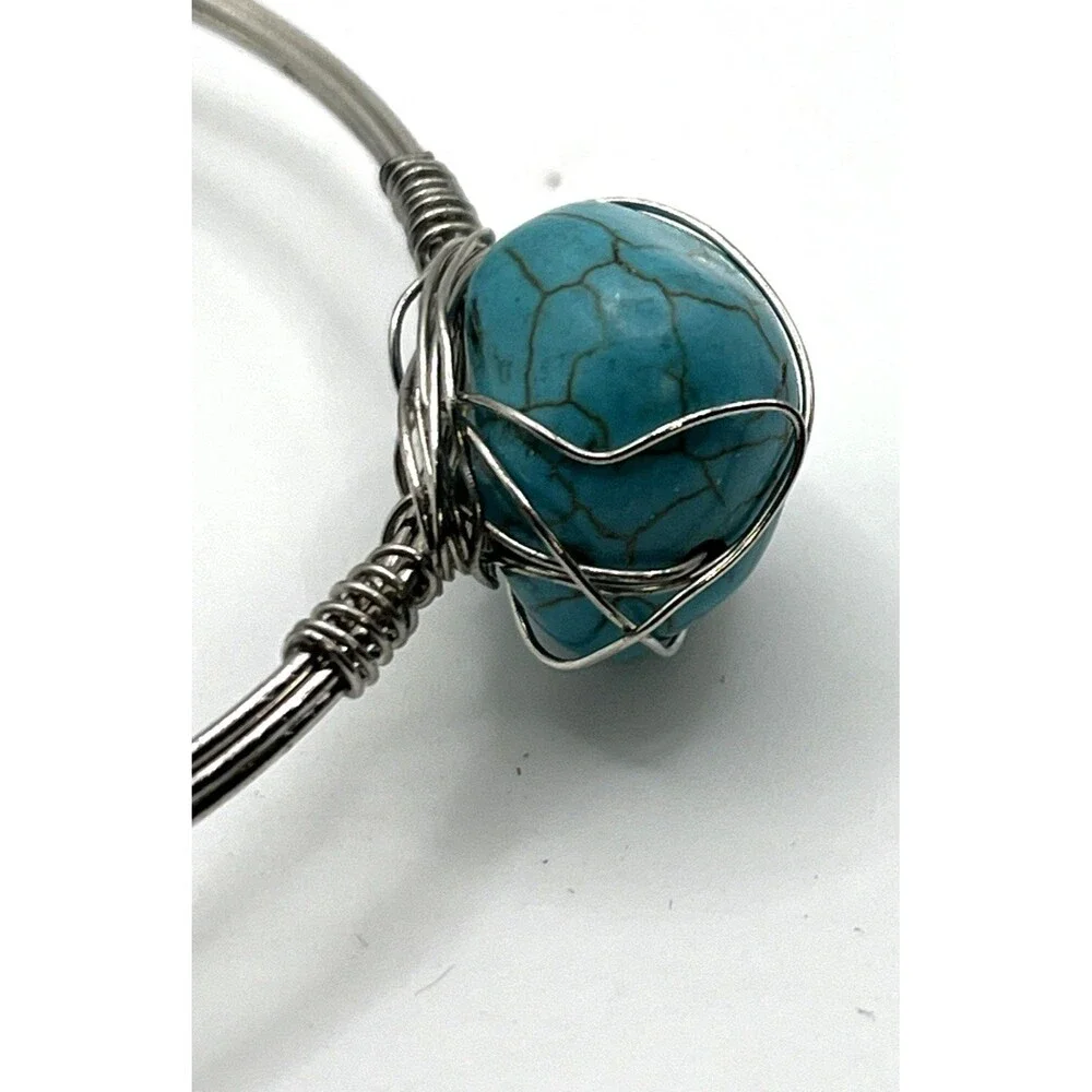Jules C Turquoise Look Wire Wrapped Bangle Bracelet Boho Artisan Silver Tone